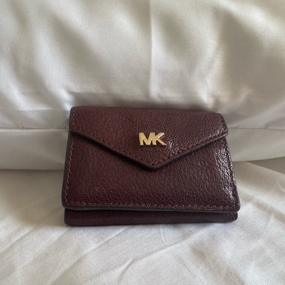 Michael Kors Trifold Wallet Burgundy with Gold MK Logo Pebbled Leather